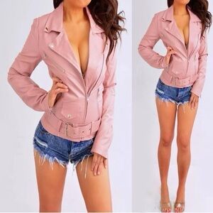 DO + BE Pastel Pink Long Sleeve Polyester Faux Leather Biker Jacket S Small